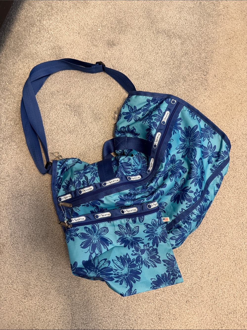 Lesportsac Teal Floral Shoulder Bag with Navy Trim